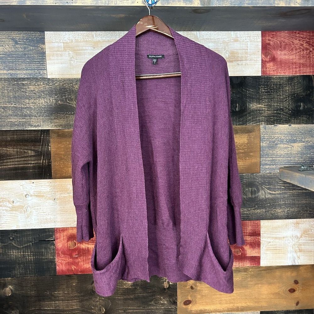 Eileen Fisher Merino Wool Loose Knit Cardigan Burgundy